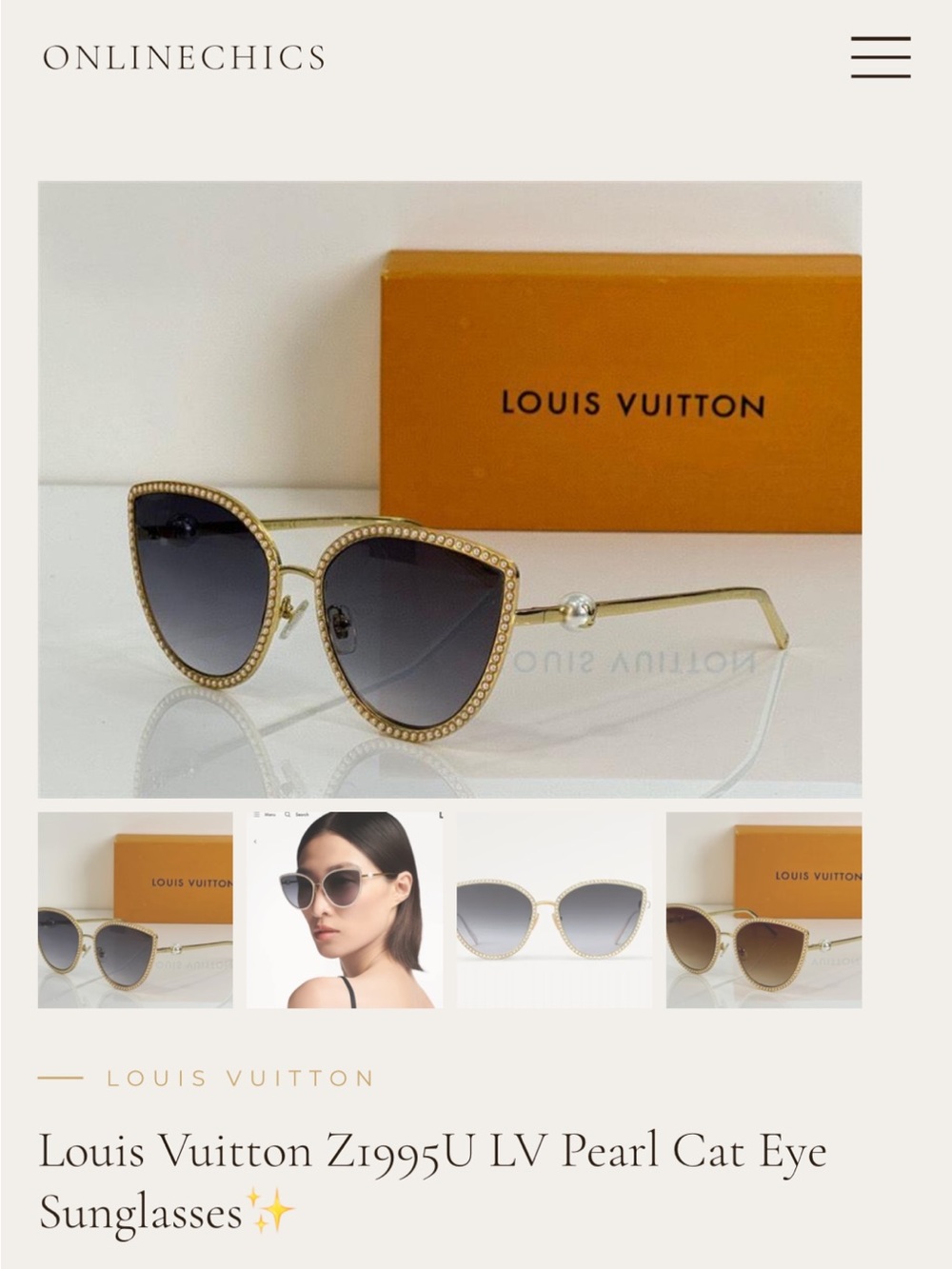 Louis Vuitton Gold Pearl-Trim Cat Eye Sunglasses with Gray Gradient Lenses